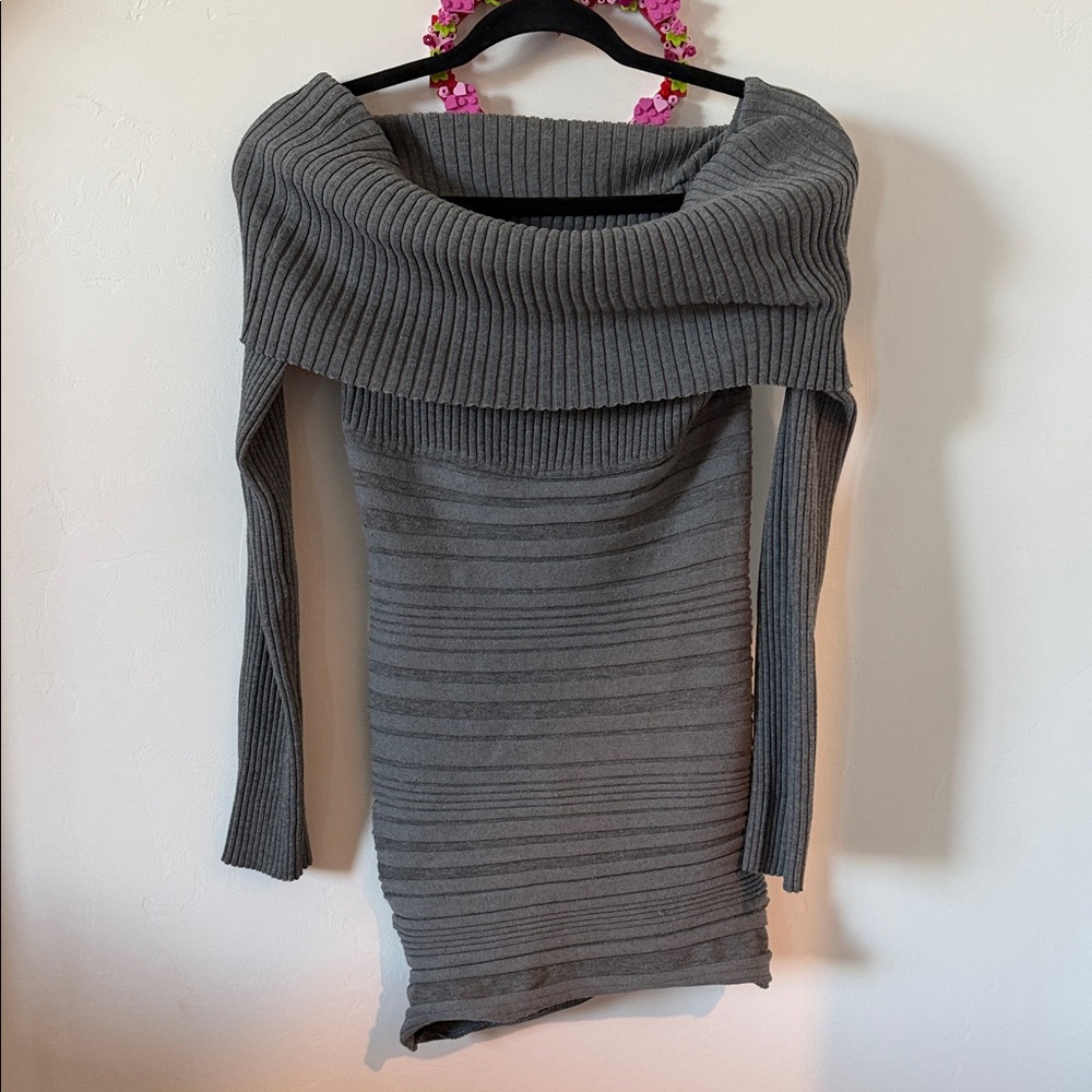 Women's Gray Off-Shoulder Ribbed Knit Sweater